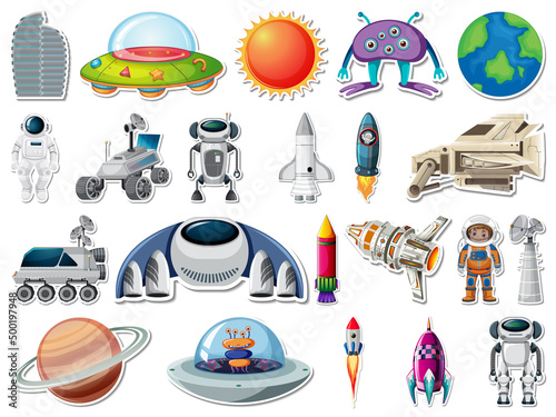 Sticker set of outer space objects and astronauts