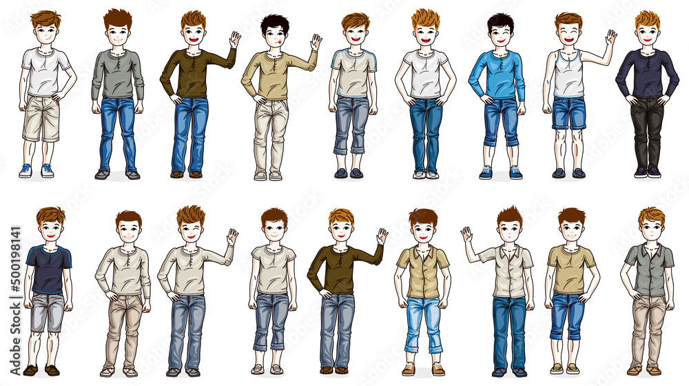 Little early teen boys children happy and cute standing in full body length isolated over white vector illustrations big set, beautiful little kids diversity big collection of character drawings.