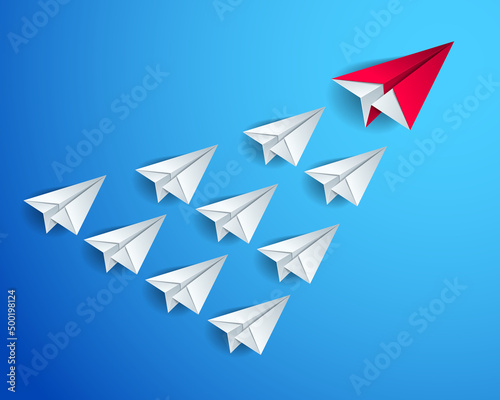 Fototapeta Naklejka Na Ścianę i Meble -  Flying origami plane leading the team group of smaller planes, business leadership concept, vector modern style 3d illustration.