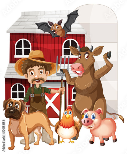 Many farm animals and farmer