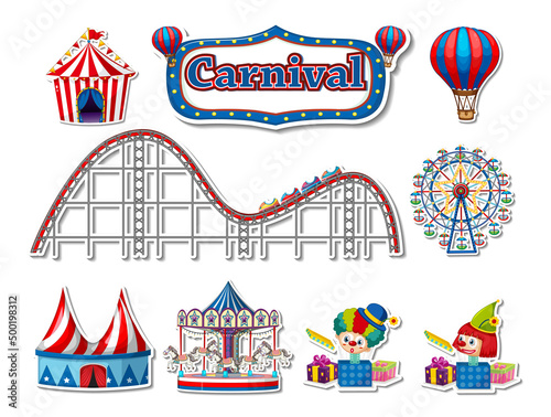 Sticker set of amusement park objects and cartoon characters