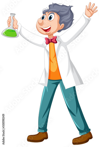 A chemist holding beaker on white background