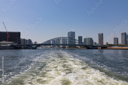 View of Tsukiji bridge from water-bus, Tokyo, Japan