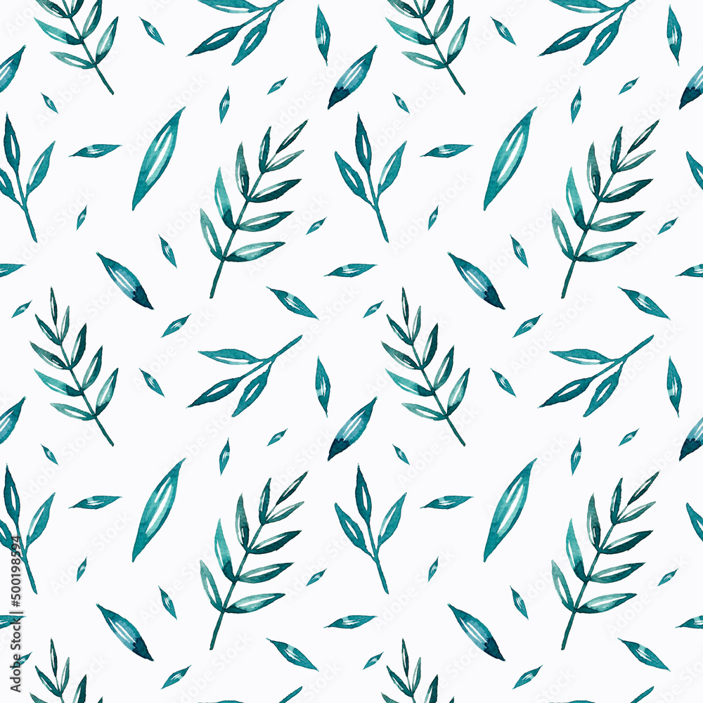 Seamless pattern with plants and leaves on a white background. Brush. Watercolor illustration. Print on fabric. Background. Nature. Green. Cute. Package. Handmade work. Printing on cards and paper. Seamless pattern with plants and leaves on a white background. Brush. Watercolor illustration. Print on fabric. Background. Nature. Green. Cute. Package. Handmade work. Printing on cards and paper.