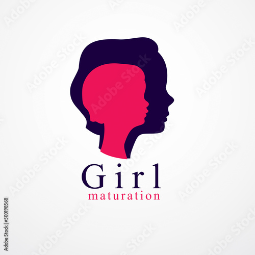 Girl growing to adult age years concept illustration, from child to teen and woman, period and cycle of life, getting old, maturation and aging. Vector simple classic icon or logo design.