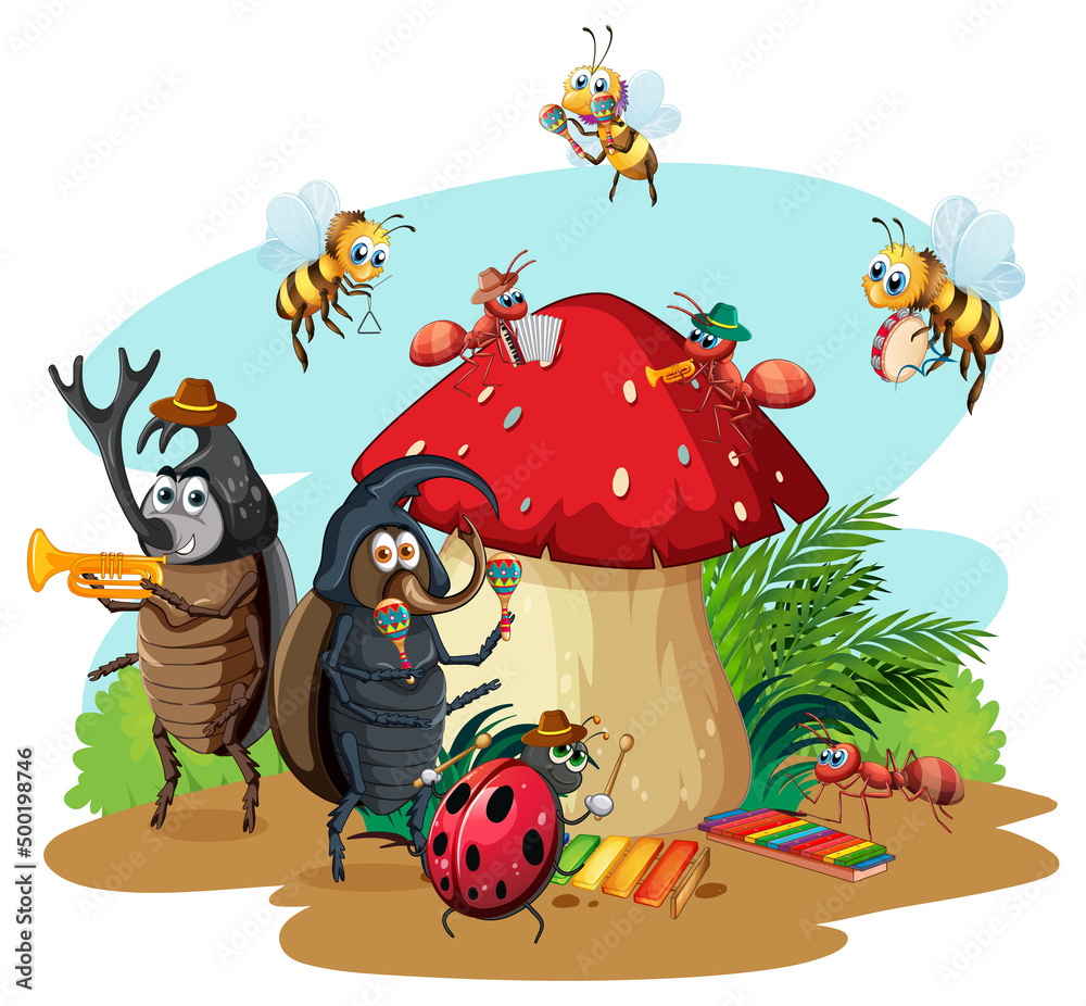Fototapeta premium Group of beetles and bees cartoon character
