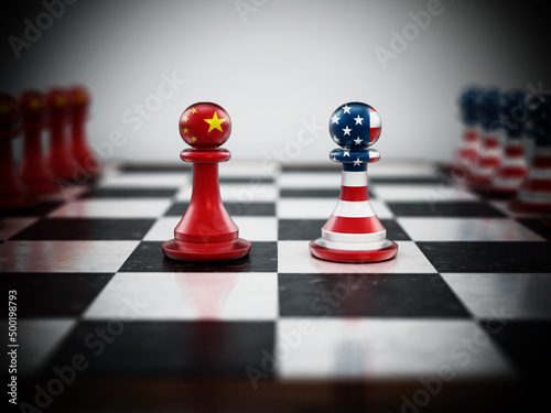Chinese and American flag textured pawns on chessboard. 3D illustration