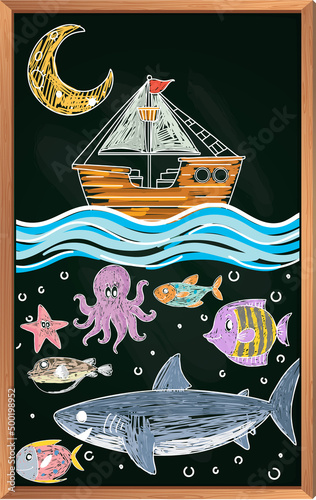 Kids hand drawn doodle sea animals