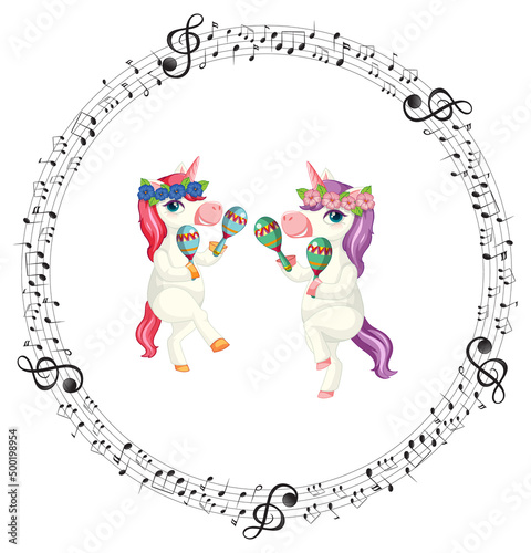 Cartoon unicorn playing maracas