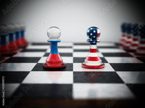 Russian and American flag textured pawns on chessboard. 3D illustration