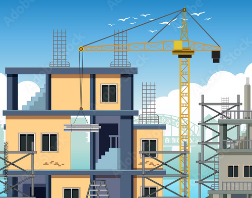 Cartoon scene of building construction site