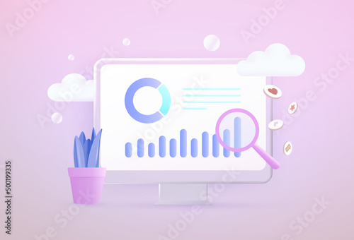 Business Data analysis 3d vector concept. Ecommerce Metrics, Digital Marketing analytics, seo smm or kpi business information dashboard with finance report and data statistics charts photo