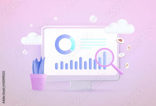 Business Data analysis 3d vector concept. Ecommerce Metrics, Digital Marketing analytics, seo smm or kpi business information dashboard with finance report and data statistics charts