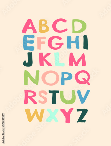 Flat hand drawn vector poster with latin alphabet for children in pastel colors