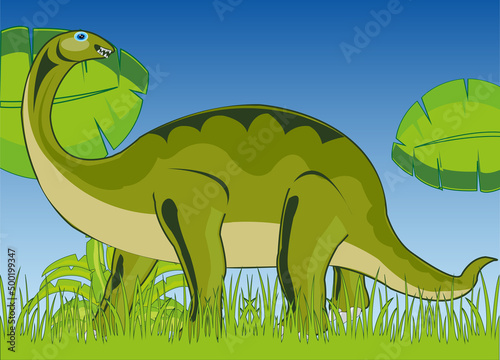 Prehistorical animal herbivorous dinosaur on green glade
