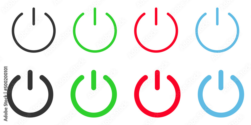 Black, green, red, blue power button icon set. On, off switch symbol