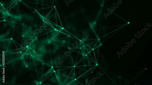 Abstract geometric background with connecting points and lines. Abstract green digital background. Network concept structure. Big data complex with compounds. 3D rendering.