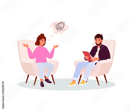 Couching session or psychoanalysis session. Psychiatry doctor. Emotional support concept. Vector illustration