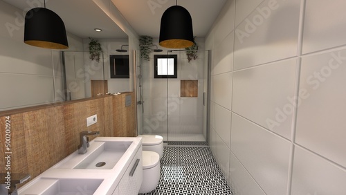 Tableau sur toile baño moderno con estilo boho con ducha