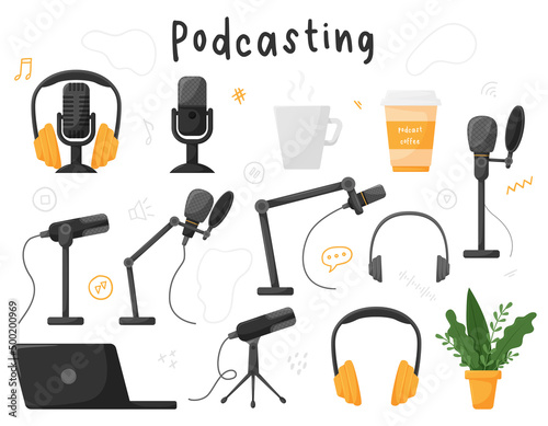 A set of elements for podcasting, blogging. Microphone, headphones, coffee cup, mug, microphone on the counter. Vector illustrations in a flat cartoon style isolated on a white background.
