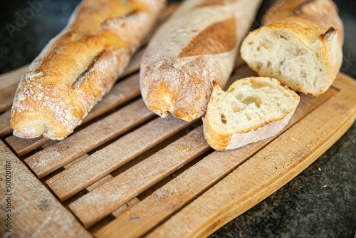 baguette french bread fresh meal food snack on the table copy space food background rustic top view