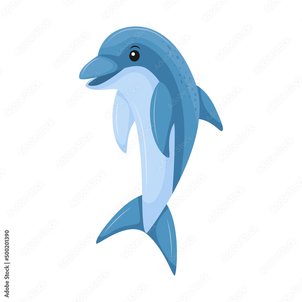 Fototapeta premium A blue dolphin jumping out of the water. Cute character, aquatic animal. Vector illustration in a flat cartoon style isolated on a white background.