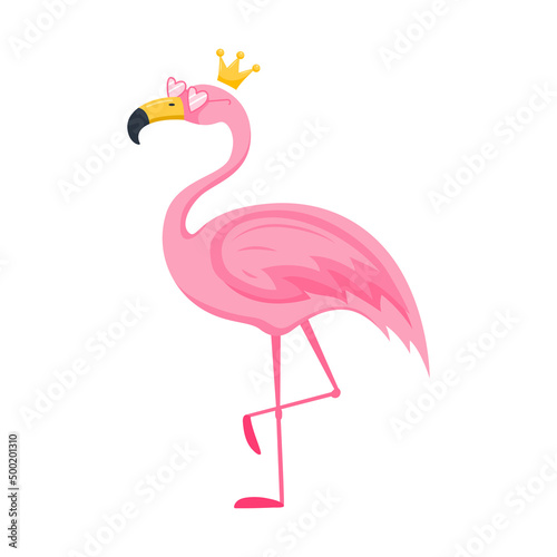 Cute pink flamingo in pink heart glasses and crown. A character  a bird stands with a bent leg. Vector illustration in a flat cartoon style isolated on a white background