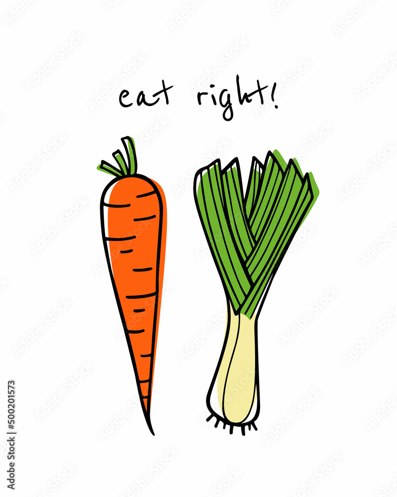 Vector card with hand drawn ripe leek with juicy carrot made in graphic way. Ink drawing. Beautiful healthy food or farm markets design elements Vector card with hand drawn ripe leek with juicy carrot made in graphic way. Ink drawing. Beautiful healthy food or farm markets design elements
