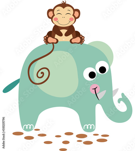 Cute monkey on top funny elephant