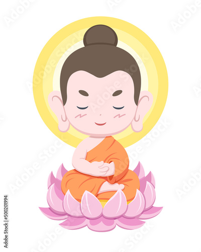 Cute style Buddha sitting on lotus cartoon illustration
