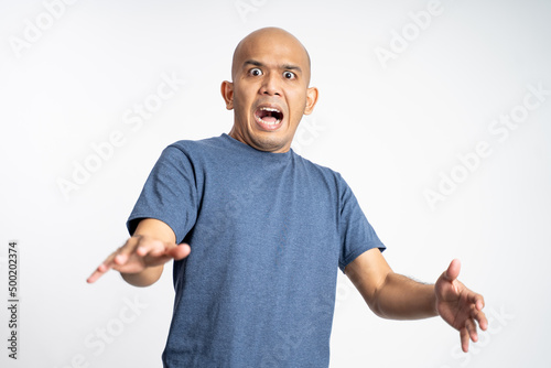 Canvas Print scared bald man with bulging eyes expression on isolated background
