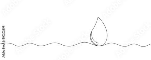 Water or blood drop line art. Eco concept idea in one line style. Outline raindrop on white background with liquid waves. Vector card illustrations for environment poster.