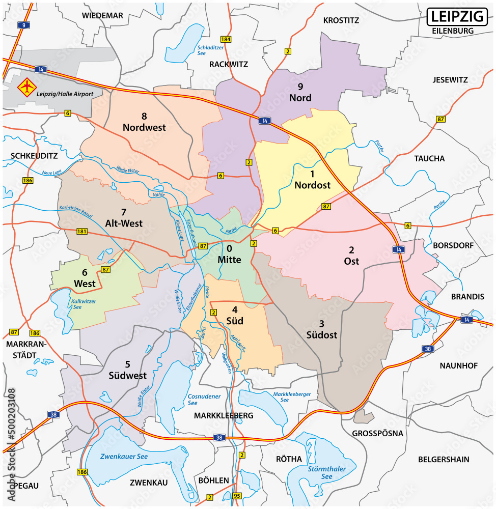 road and administrative map of the saxon city of leipzig, Germany