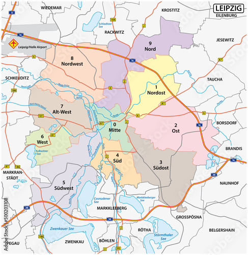 road and administrative map of the saxon city of leipzig, Germany