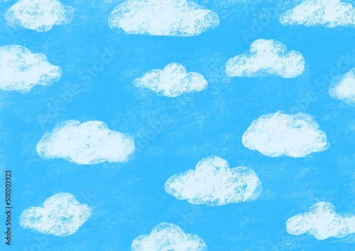 クレヨンで描いた空と雲の模様、背景素材