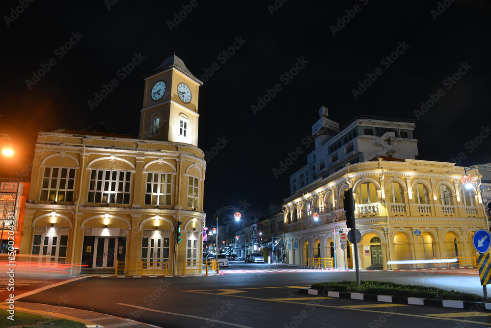 PHUKET, THAILAND - March 21 2022: Old Police Station with Clock Tower (Left) and Phuket Museum (Right) Now Become the Landmarks of Chino Portuguese Building in Phuket Town.