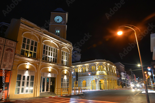 PHUKET, THAILAND - March 21 2022: Old Police Station with Clock Tower (Left) and Phuket Museum (Right) Now Become the Landmarks of Chino Portuguese Building in Phuket Town.