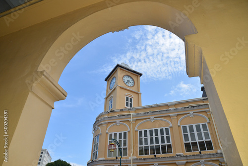 PHUKET, THAILAND - March 22 2022: Old Police Station with Clock Tower Now Become the Landmarks of Chino Portuguese Building in Phuket Town.