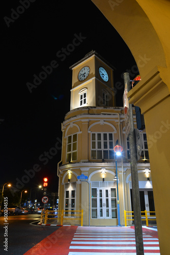 PHUKET, THAILAND - March 21 2022: Old Police Station with Clock Tower Now Become the Landmarks of Chino Portuguese Building in Phuket Town.