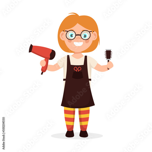 Girl hairdresser. Cute girl with hair dryer and hair comb in hands. Cartoon vector illustration.
