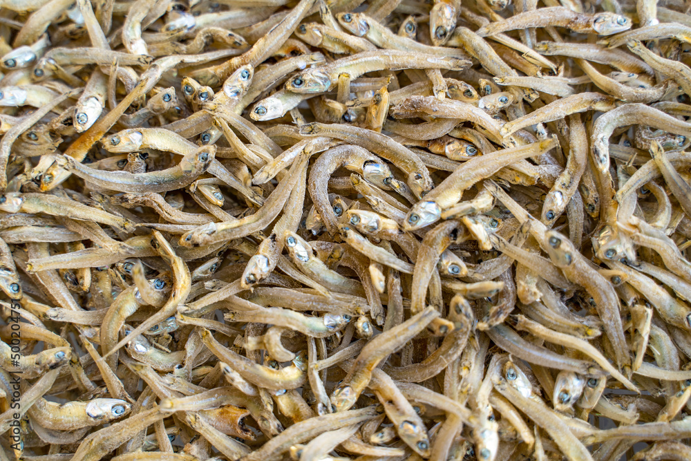 Close-up of dried anchovies. Seafood in the market.