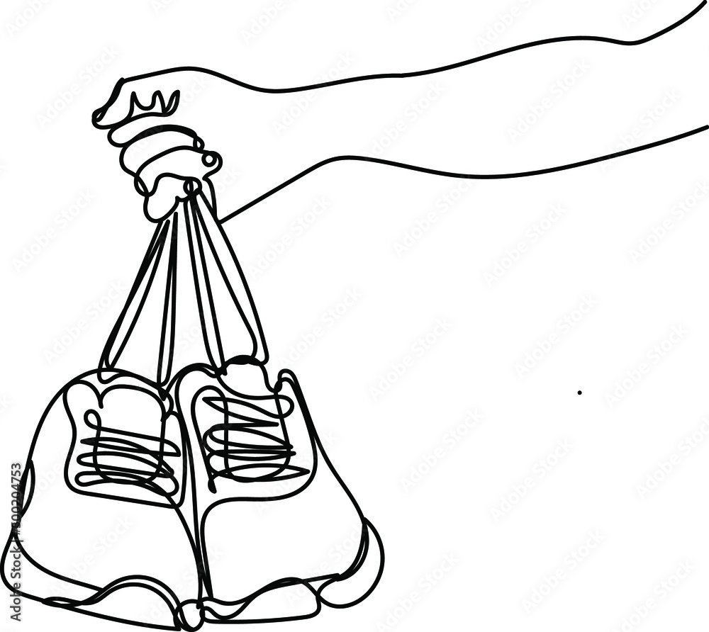 Continuous one line drawing hand holding pair of sport shoes for footwear and project, line art silhouette of hand holding shoes Continuous one line drawing hand holding pair of sport shoes for footwear and project, line art silhouette of hand holding shoes