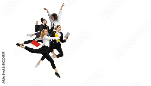 Flyer with excited men and women wearing business outfits jumping, running isolated on white background. Ballet dancers. Business, start-up, motion concept.