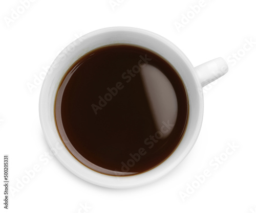 Fresh aromatic coffee in mug isolated on white, top view