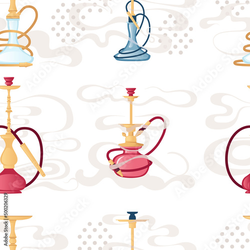 Seamless pattern Glass and metal hookah with aroma smoke vector illustration on white background