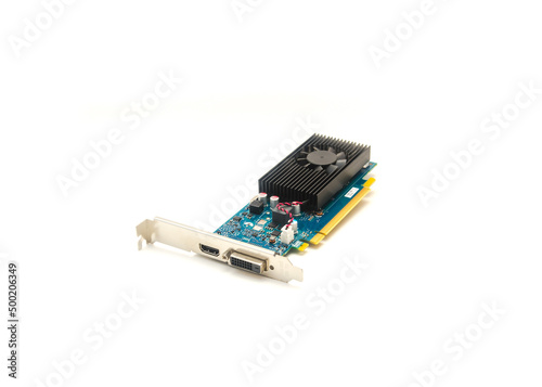 Brand new compact size graphic card video card with I/O ports and interface isolated on white photo