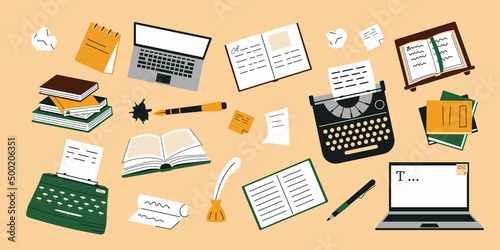 Writing and copywriting concept. Content creation Items. Laptop, typewriter flat vector illustration. Writer's workplace. Copywriter's items.