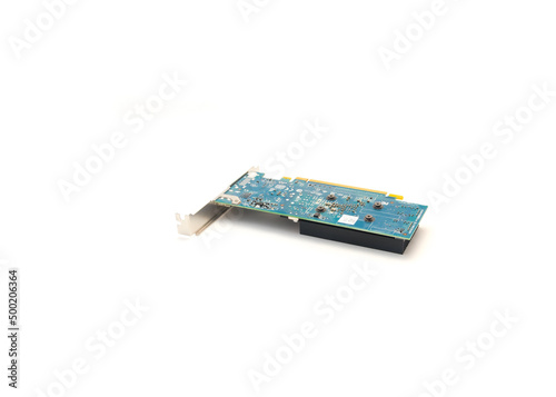 Top view printed circuit board that houses a processor and VRAM on graphic card isolated on white