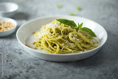 Traditional spaghetti with pesto sauce
