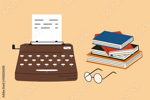 Concept of writing a book. Typewriter with books and glasses. Flat vector illustration about creative process of the writer.